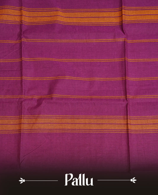 Purple colour chettinad cotton saree featuring Elegant plain body, complemented by contrast Magenta colour with gold zari strip & peacock border, comes with matching blouse piece.