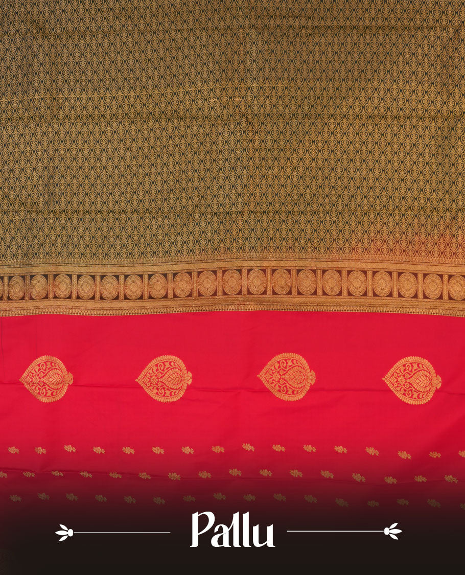 Red colour semi silk saree highlighting gold zari check motifs across body, featuring contrast Dark green colour border with gold zari pattern, comes with matching blouse .