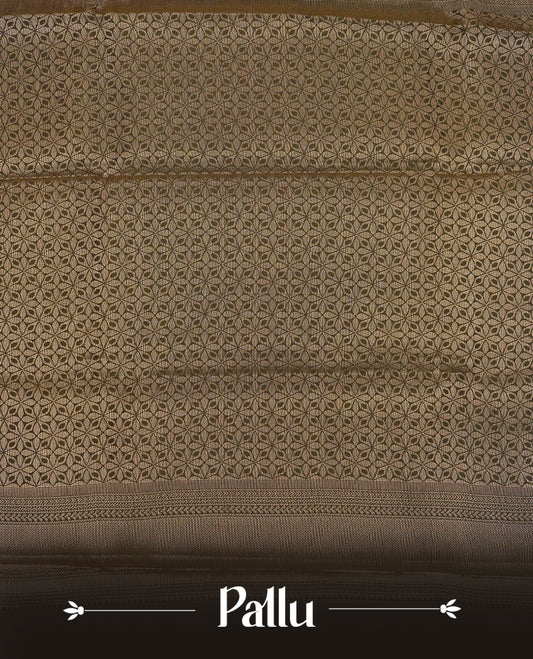 Rust orange colour semi silk saree featuring gold zari circle patterns on body, contrast olive green colour with traditional border on body, grand pallu comes with matching blouse piece