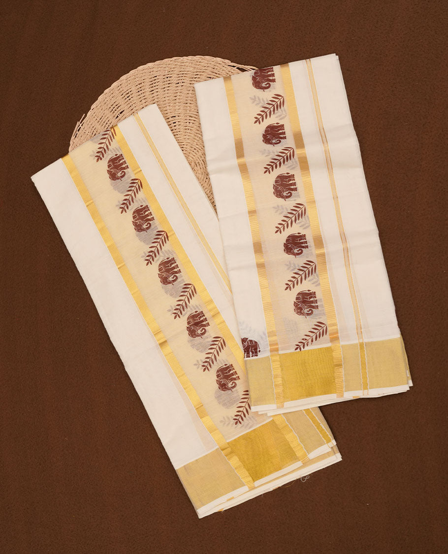 Off white colour cotton set mundu highlights gold zari border featuring brown colour block print across border (2.00/2.80 MTS)