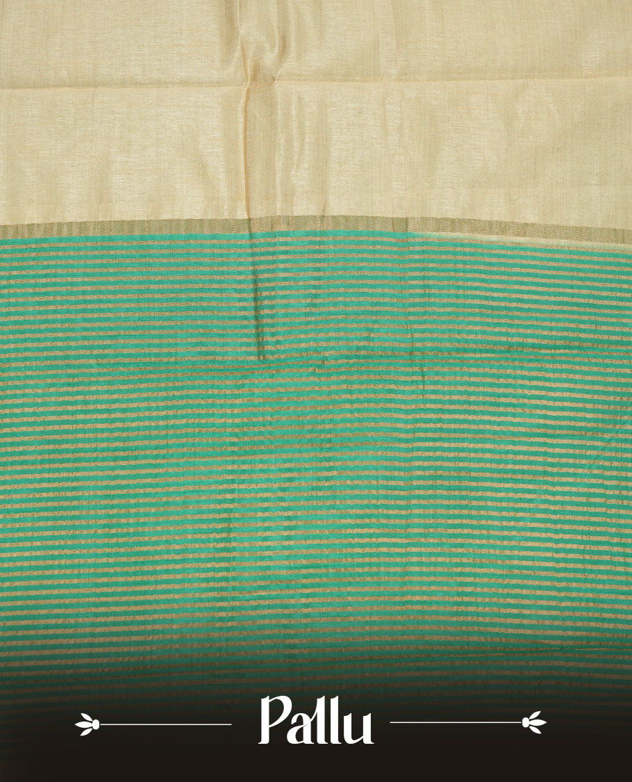 Cream colour semi tussar saree featuring elegant plain body, contrast Green colour gold zari border and comes with matching blouse piece.