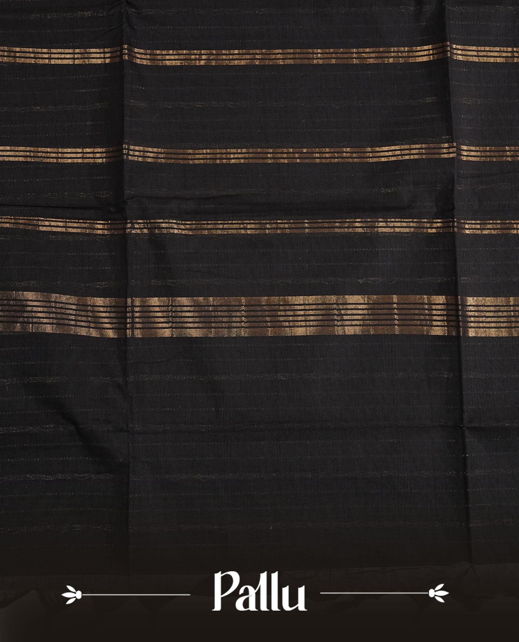 Black Colour Chettinad Cotton Saree Featuring Gold Zari Stripes on the Body, Complemented by a Gold Zari Border and a Contrast Colour Striped Pallu, Paired with a Matching Blouse Piece.