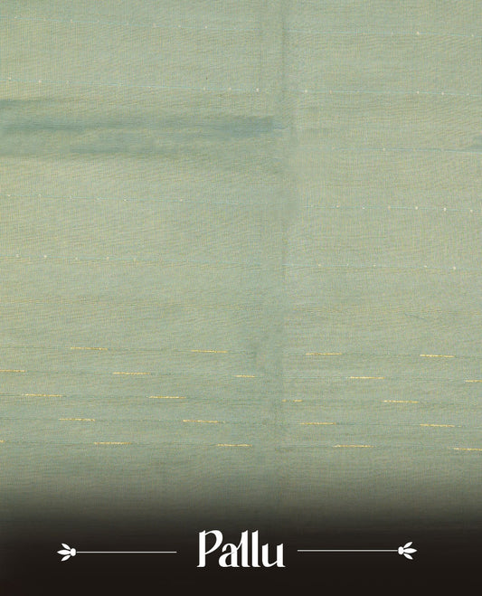 Light green colour semi jute saree highlighting gold zari stripped body with white motifs, without border and paired with matching blouse.