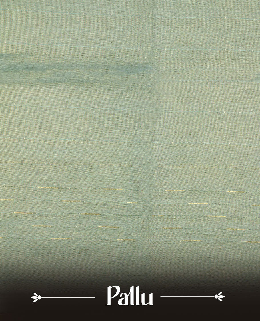 Light green colour semi jute saree highlighting gold zari stripped body with white motifs, without border and paired with matching blouse.