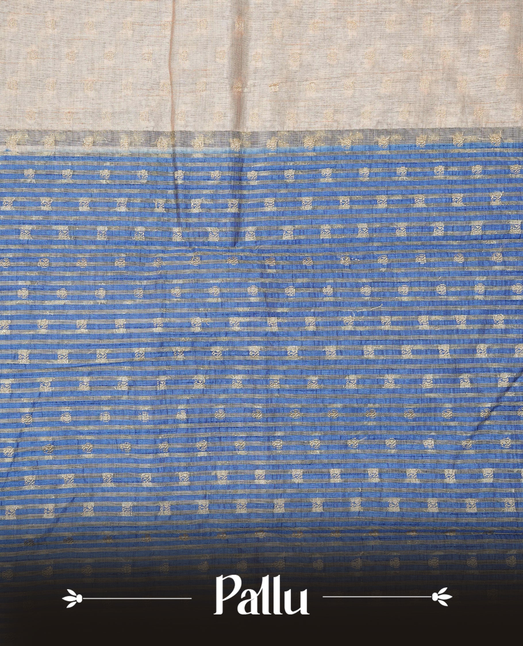Light Gold Tussar saree featuring Gold zari buttas on body, complemented by contrast Blue Colour with Gold zari border, comes with matching blouse piece.