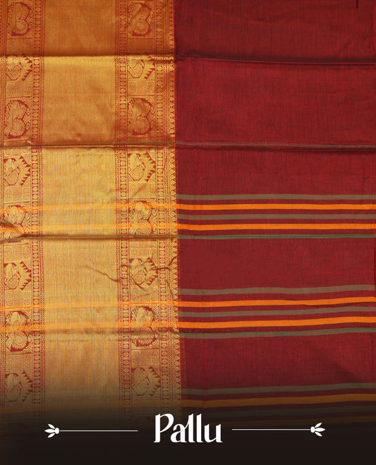 Dark red colour Narayanapattu cotton saree featuring a self coloured body, contrast Green colour with gold zari border and pallu, pairing a matching blouse piece.