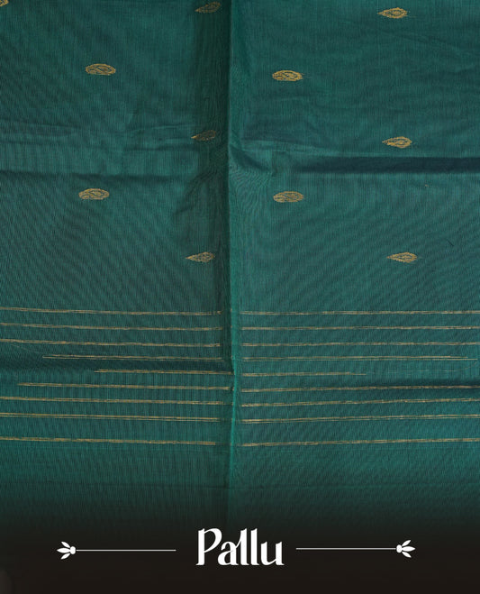 Teal colour chettinad cotton saree featuring Elegant plain body,Contrast Blue colour with Gold zari border, comes with matching blouse piece.