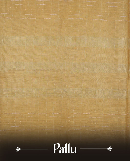 Gold colour semi jute saree highlighting gold zari striped body, without border and paired with matching blouse.