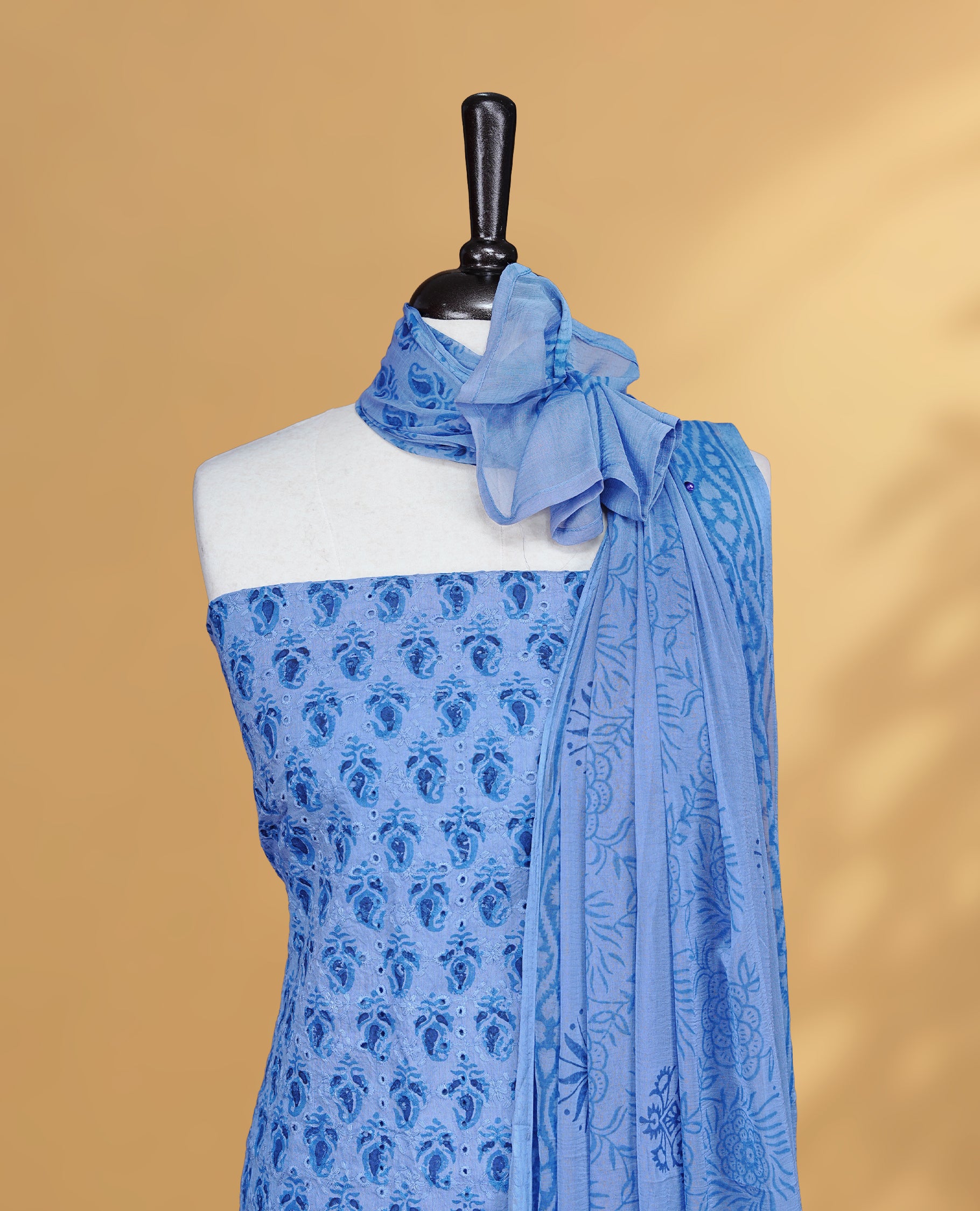 Blue Colour Salwar Material Featuring Thread & Hokoda, Mango print Work On Body, paired with matching bottom & Dupatta.