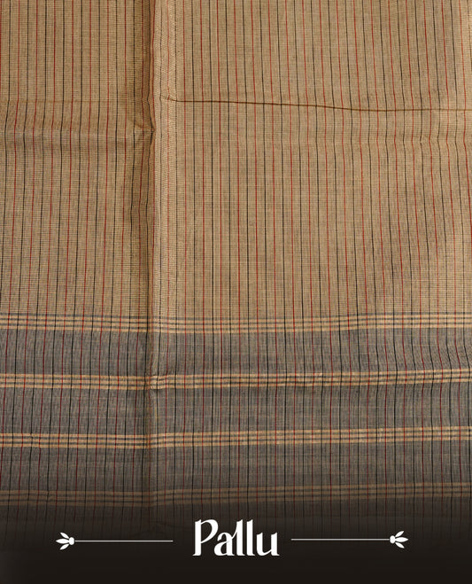 Grey colour chettinad cotton saree Featuring Gold zari check pattern on body, complemented by contrast black colour with zari border, comes with matching blouse piece.