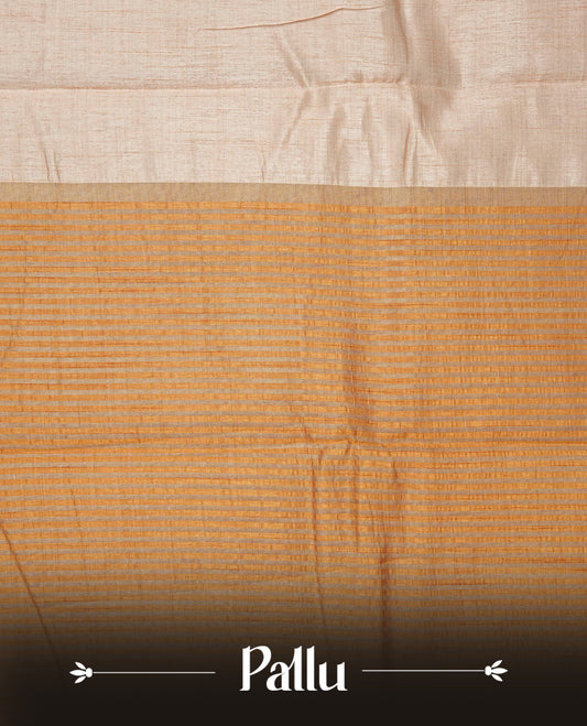Light Gold Tussar saree featuring Gold zari buttas on body, complemented by contrast Mustard Colour with Gold zari border, comes with matching blouse piece.