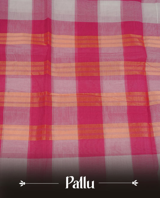 Pink & White colour chettinad cotton saree featuring check pattern on body, complemented by Self Colour with gold zari border, comes with matching blouse piece.
