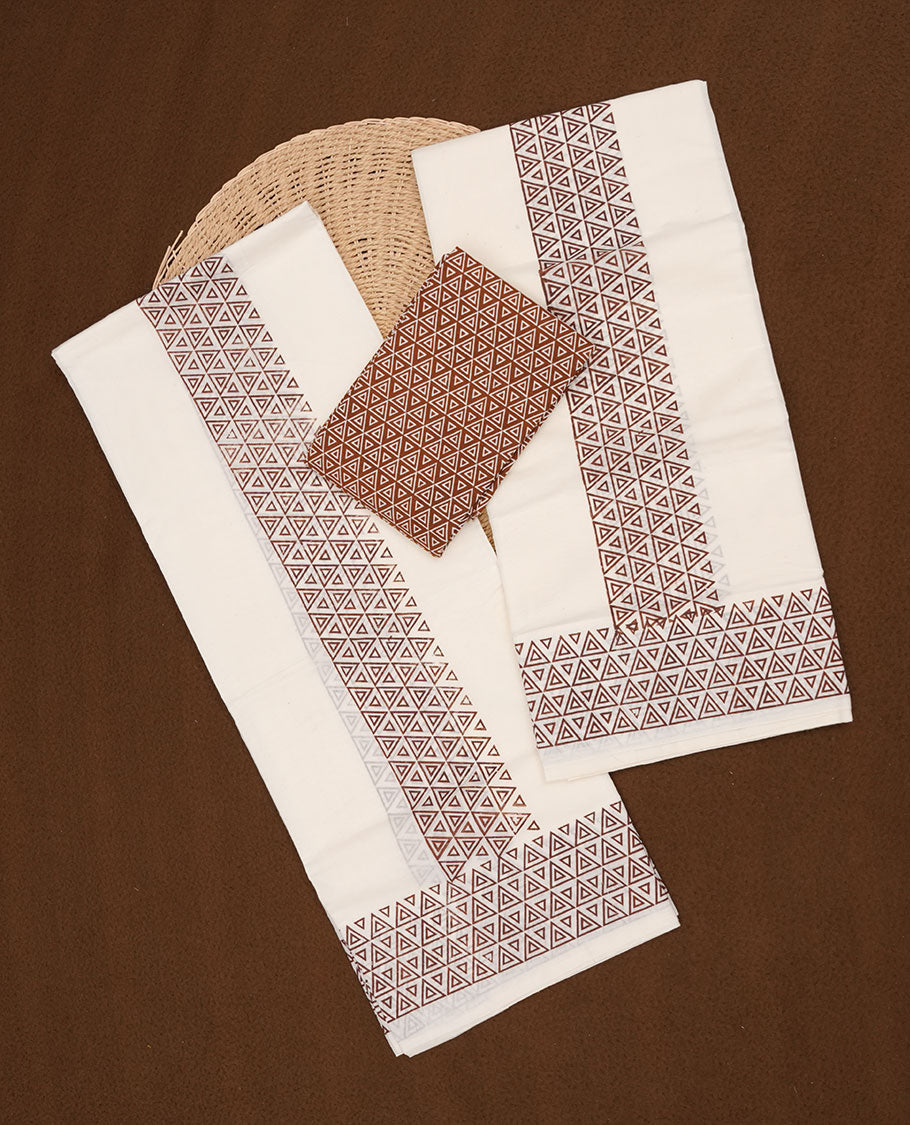 Off white colour cotton set mundu highlights brown colour geometric print across border (2.00/2.80 MTS)