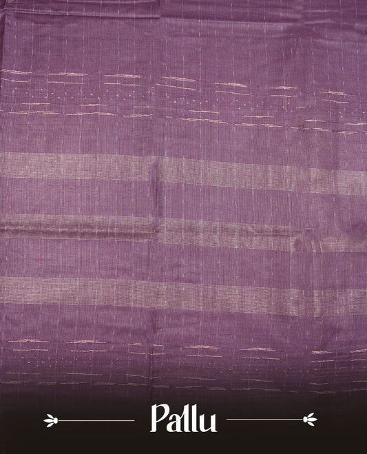 Purple colour semi jute saree highlighting gold zari striped body, without border and paired with matching blouse.