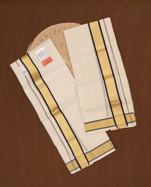 Off white colour cotton set mundu highlights gold and dark blue colour border (2.00/2.80 MTS)
