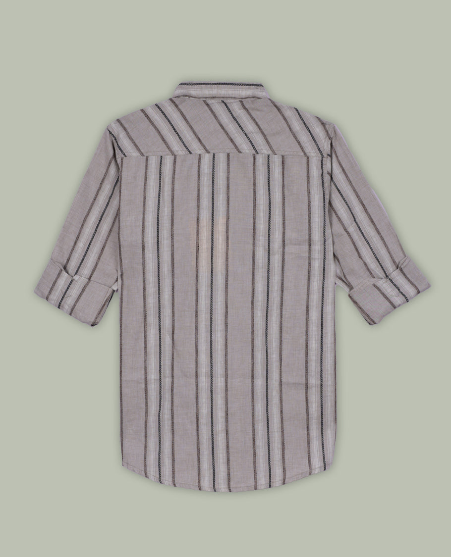 Beige colour shirt in breathable cotton fabric, featuring black and maroon vertical lines  & Designed with a classic collar, button front, and full sleeves, it combines casual ease with modern appeal.