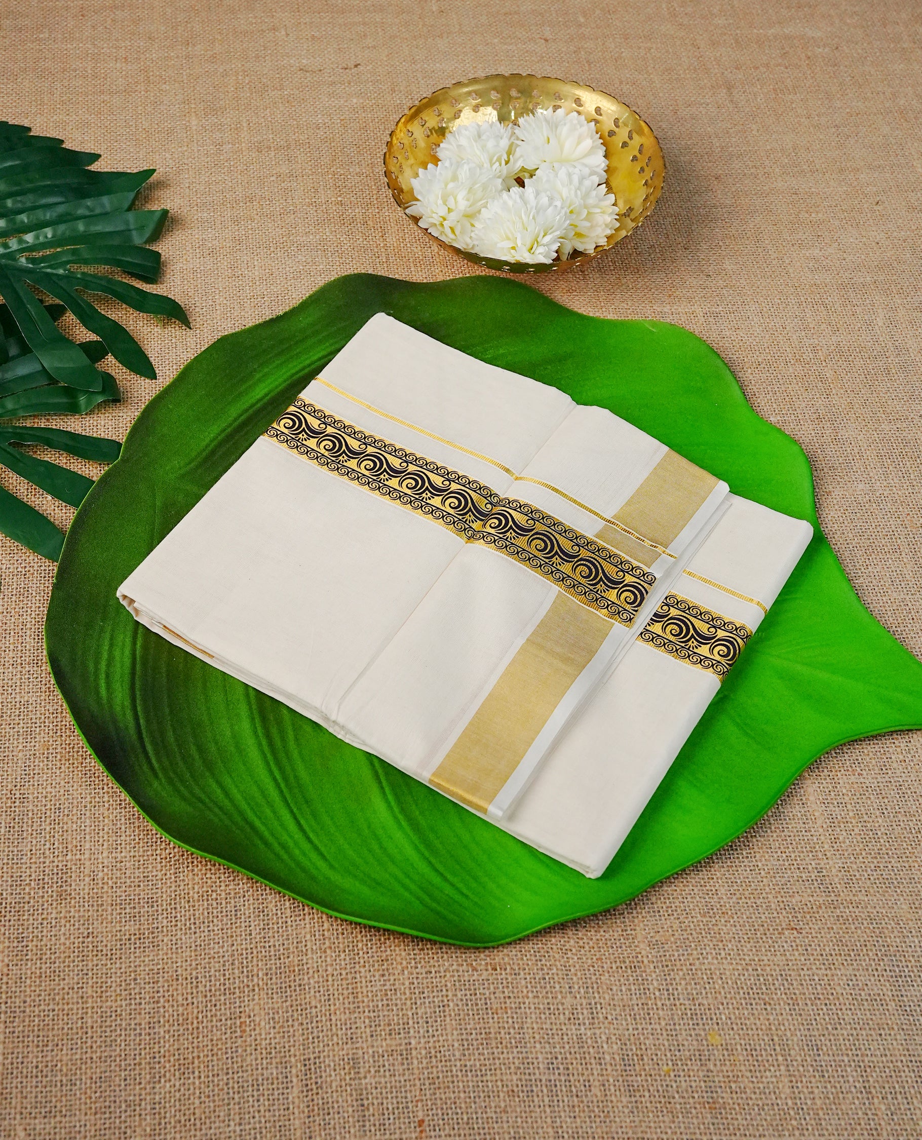 Cream Colour Cotton Double Dhoti Finished With A Classic Golden Zari Kara with Black colour digital print