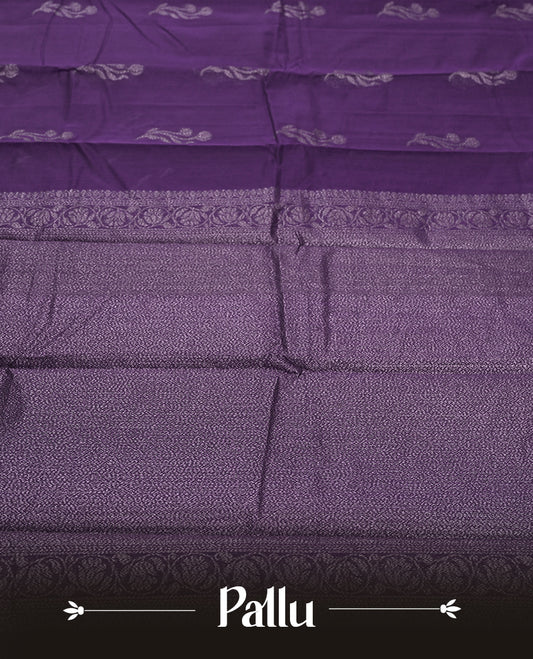 Dark Purple Colour Silk Cotton Saree with Dark Silver Floral Butta Body, Contrasting Dark Silver Zari Pallu & Border, Floral Vine Motifs, and Matching Plain Woven Blouse Piece