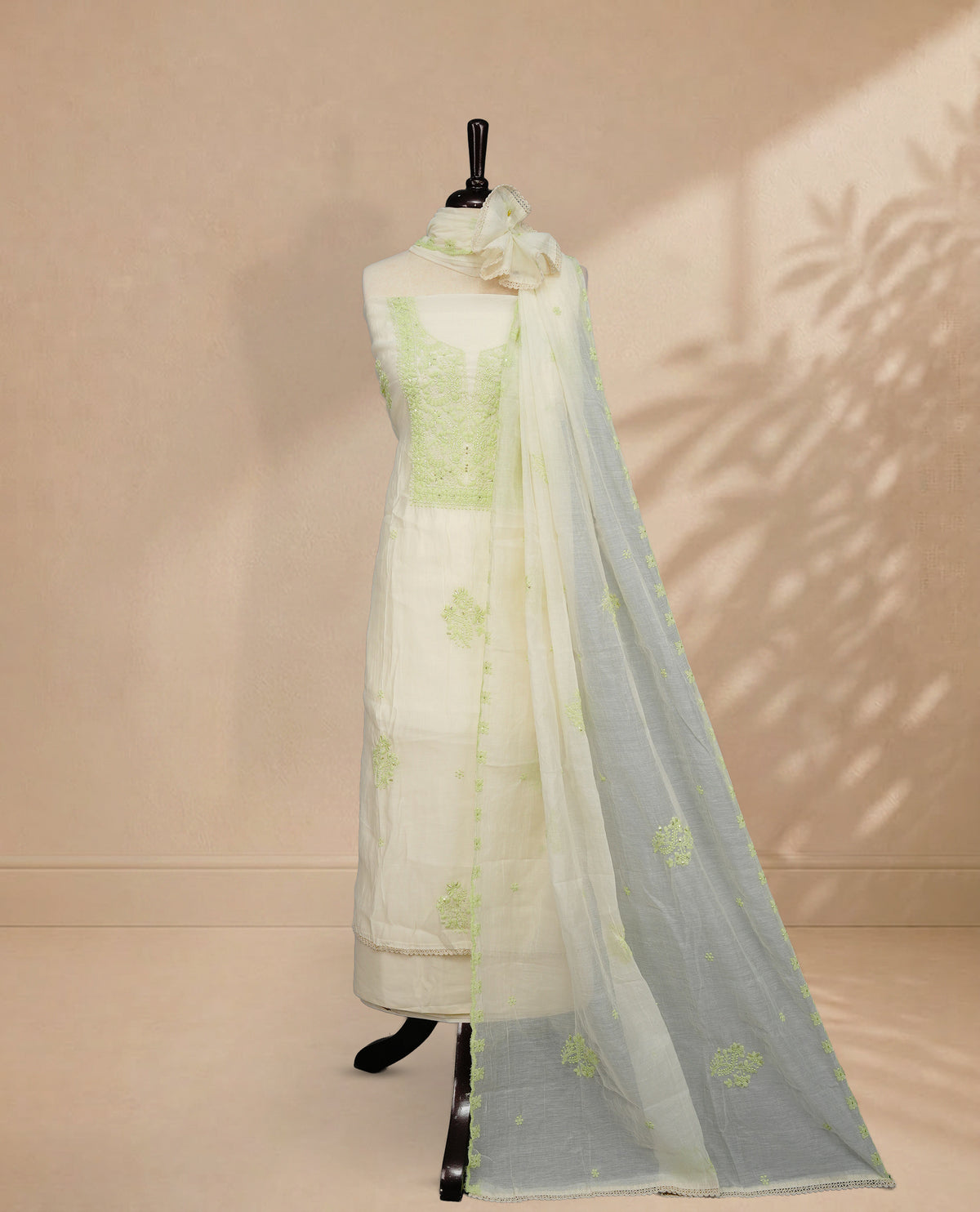 Ivory Colour Mul Chanderi Salwar material featuring Light Green Embroidery & Delicate Bead Work on body, paired with Santon bottom & Embroidery Worked Dupatta With Scallop border.