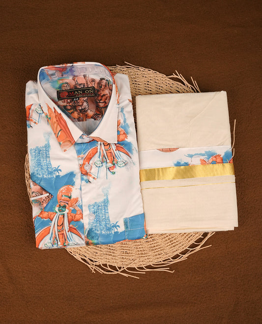 Cream colour shirt featuring  Indian art from printed body, paired with cream colour double dhoti featuring a gold kara with Same printed border.