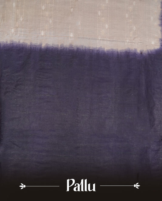 Cream & Dark blue dye pattern colour semi jute saree highlighting white stripped body, without border and paired with matching blouse.