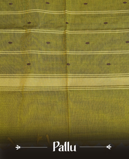 Lemon green Colour Chettinad Cotton Saree Featuring Elegant plain Body, Complemented by a Chocolate Border with gold zari strips & Peacock pattern, Paired with a Matching Blouse Piece.