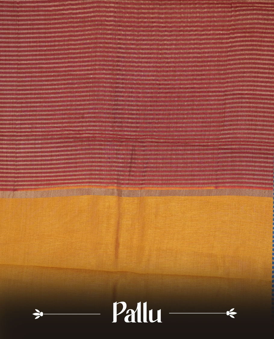 Gold colour semi tussar saree featuring elegant plain body, contrast maroon colour gold zari border and comes with matching blouse piece.