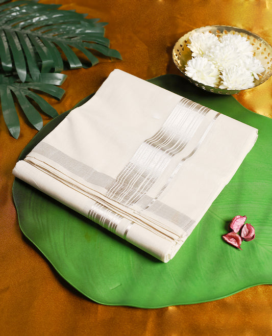 Elegant off white colour handloom cotton double dhoti with a sleek silver zari border, offering timeless style and comfort, Perfect for weddings, festive occasions, and traditional celebrations