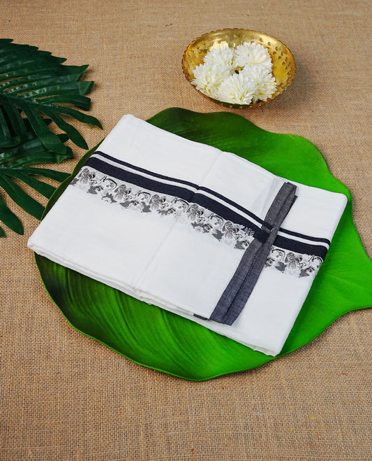 Off White Colour Cotton Double Dhoti Finished With A Classic Black & Indian art forms Digital print kara.