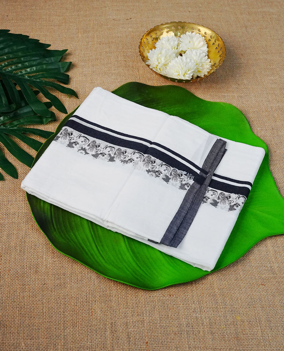 Off White Colour Cotton Double Dhoti Finished With A Classic Black & Indian art forms Digital print kara.