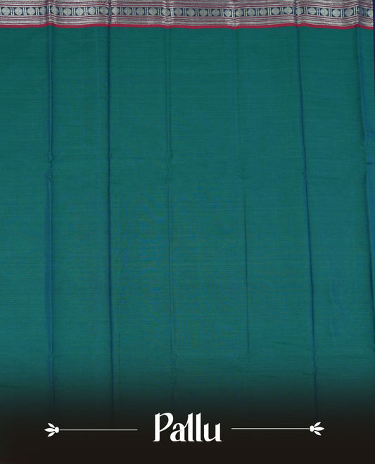 Peacock colour Narayanapattu cotton saree featuring a self coloured body, contrast deep red colour with silver zari border and pallu, pairing a matching blouse piece.