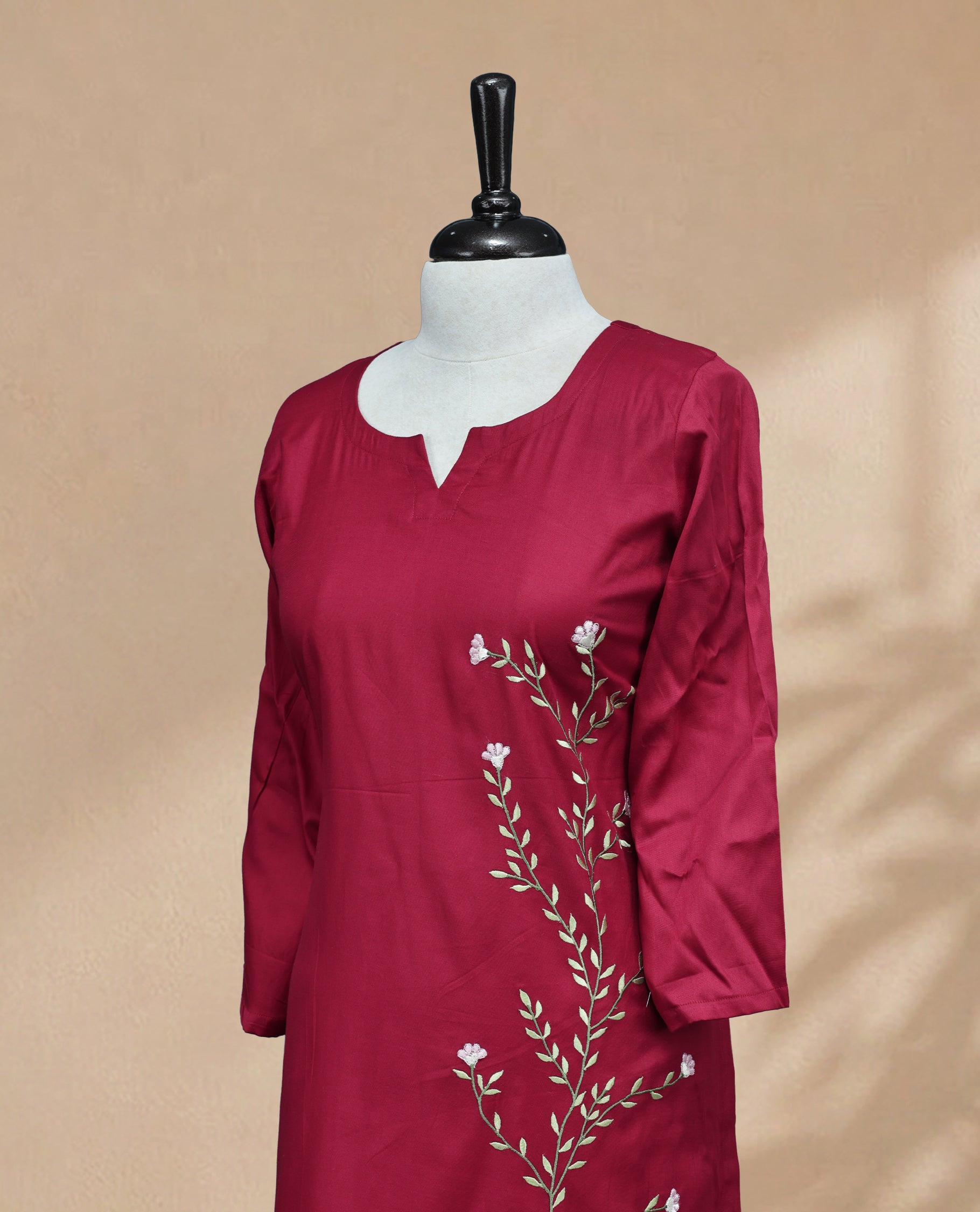 Crimson Red Colour Kurti Featuring U-Shaped Neckline, delicate  floral vine embroidery Work On Body & Sleeve