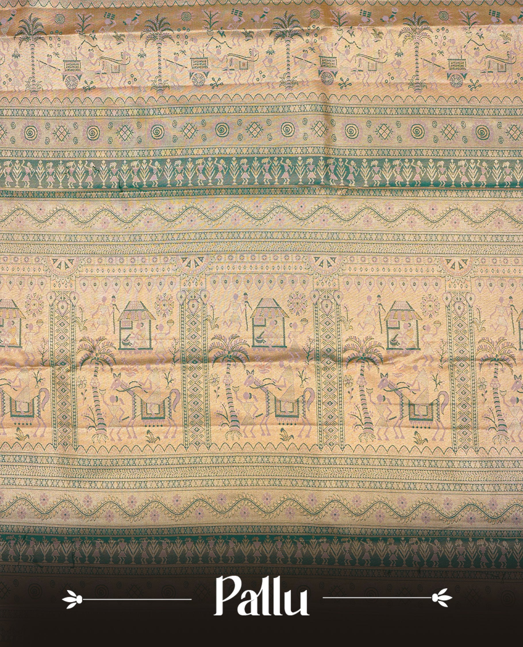 Gold & Peach colour Double shade Semi tissue silk saree featuring Gold Zari pattern on body, Contrast green colour with gold zari Tribal pattern border, paired with matching.