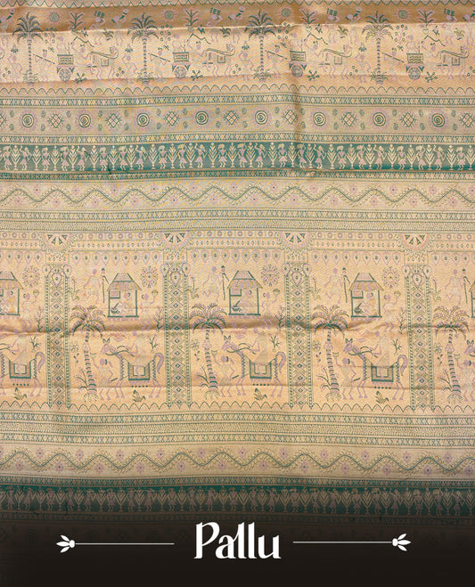 Gold & Peach colour Double shade Semi tissue silk saree featuring Gold Zari pattern on body, Contrast green colour with gold zari Tribal pattern border, paired with matching.