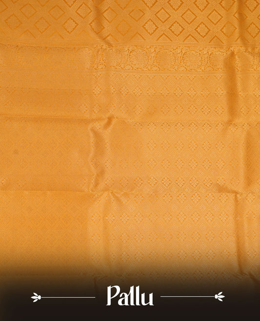 Golden mustard colour kancheepuram silk saree featuring Floral and diamond zari jacquard on body with traditional zari border, paired with matching blouse piece.