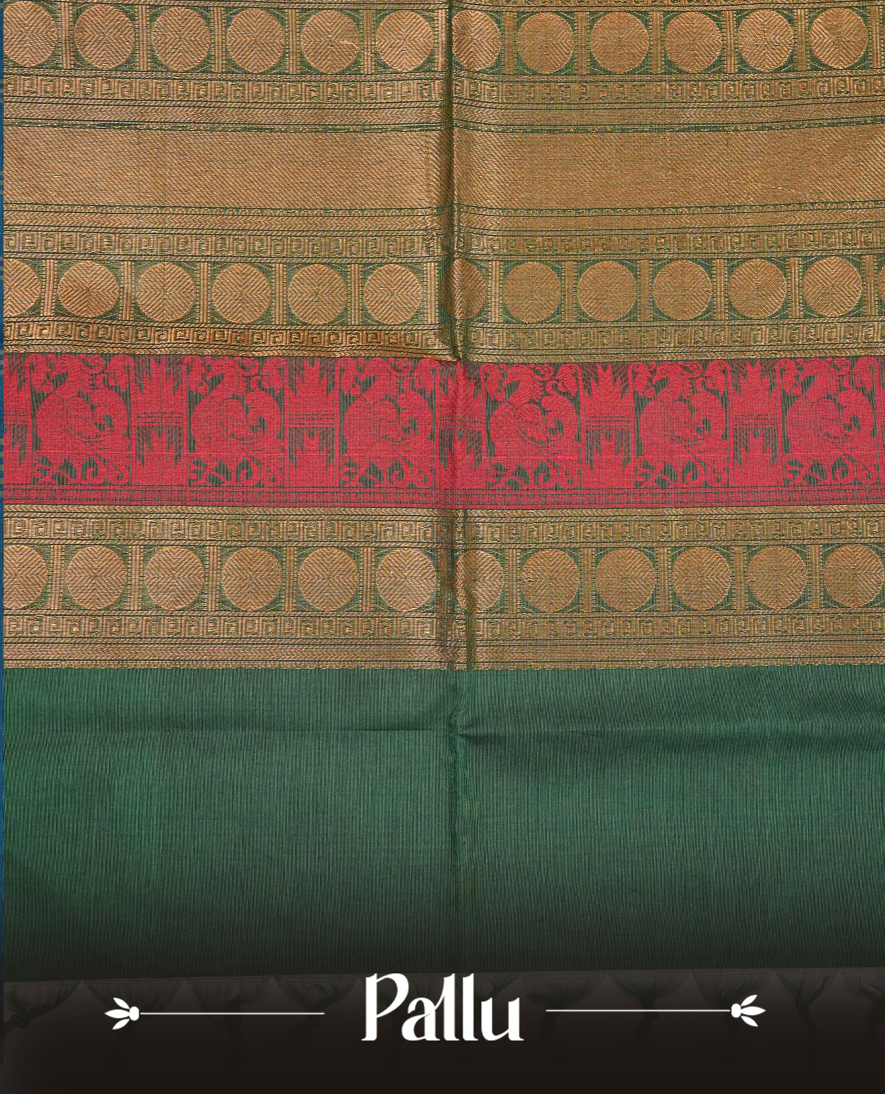 Green colour chettinad saree featuring gold zari motifs on body, complemented by contrast Maroon colour with gold zari border, comes with matching blouse piece.