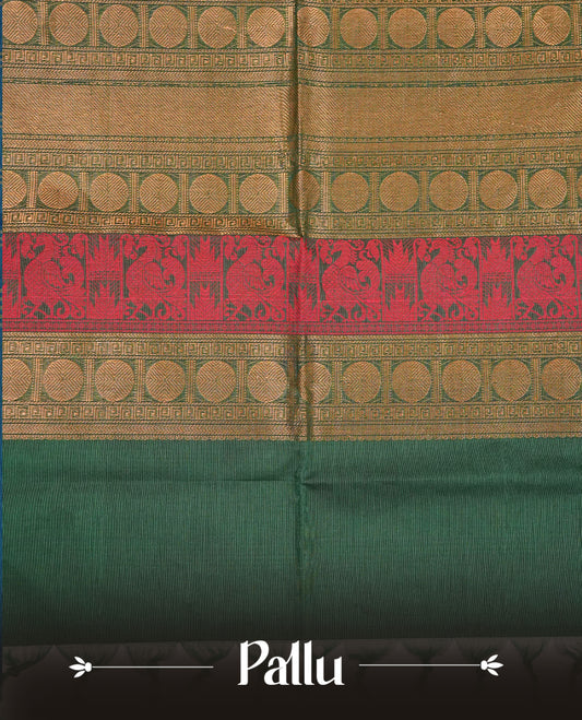 Green colour chettinad saree featuring gold zari motifs on body, complemented by contrast Maroon colour with gold zari border, comes with matching blouse piece.