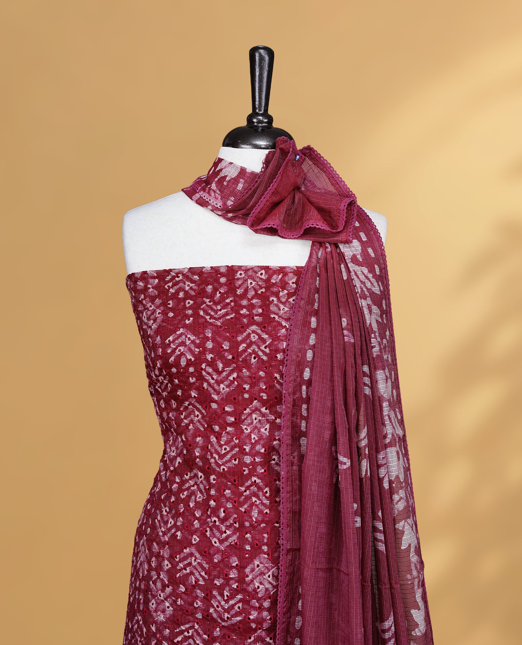 Maroon Colour Salwar Material Featuring Hakoba Pattern on body, paired with matching bottom & Elegant Dupatta For All go occasion Wear.