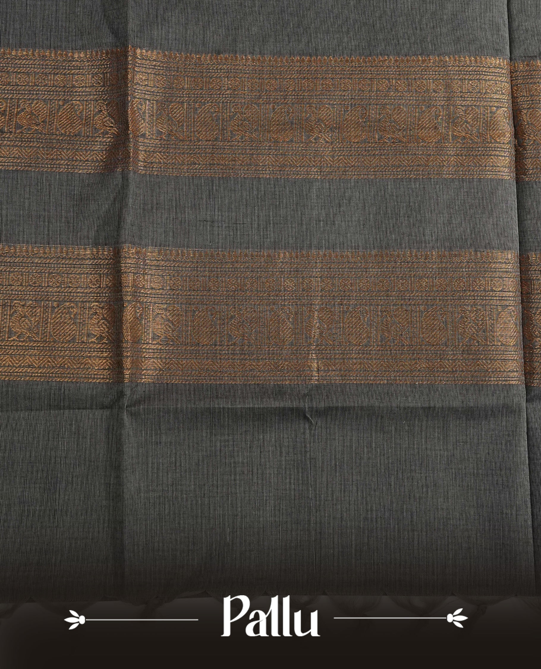 Grey Colour Chettinad Cotton Saree Featuring Elegant plain Body, Complemented by a contrast Magenta & black Colour Border with Gold Zari and Pallu, Paired with a Matching Blouse Piece