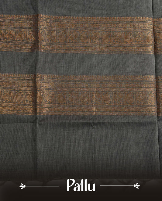 Grey Colour Chettinad Cotton Saree Featuring Elegant plain Body, Complemented by a contrast Magenta & black Colour Border with Gold Zari and Pallu, Paired with a Matching Blouse Piece
