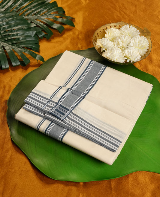 Cream Colour MCR Pure Cotton double Dhoti with dark Teal Colour Border for Men