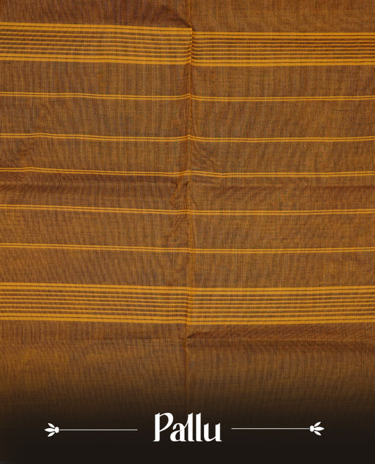 Mustard colour chettinad cotton saree featuring elegant plain body, complemented by contrast Black colour with gold zari border, comes with matching blouse piece.