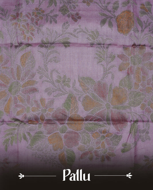 Pastel purple colour pure tussar silk saree featuring elegant antique zari kodi patterns across the body, designed with a graceful borderless finish for a refined look. Paired with a matching blouse piece.