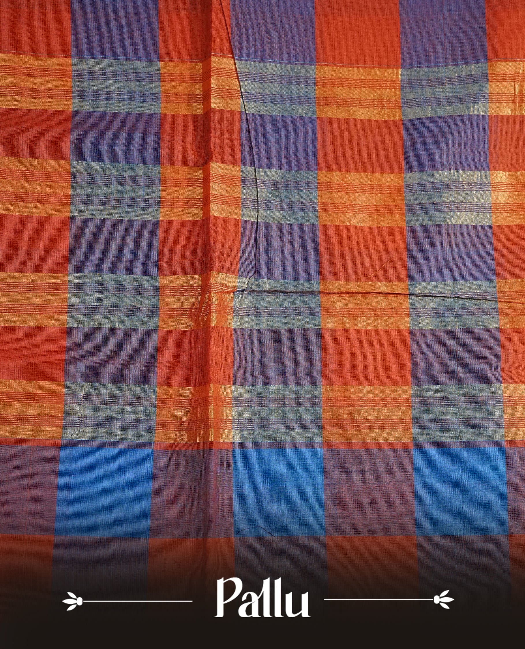 Rust orange & Blue colour chettinad cotton saree featuring check pattern on body, complemented by Self Colour with gold zari border, comes with matching blouse piece.