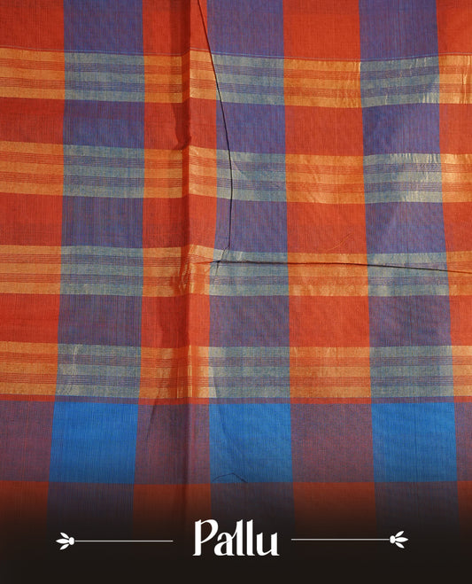 Rust orange & Blue colour chettinad cotton saree featuring check pattern on body, complemented by Self Colour with gold zari border, comes with matching blouse piece.