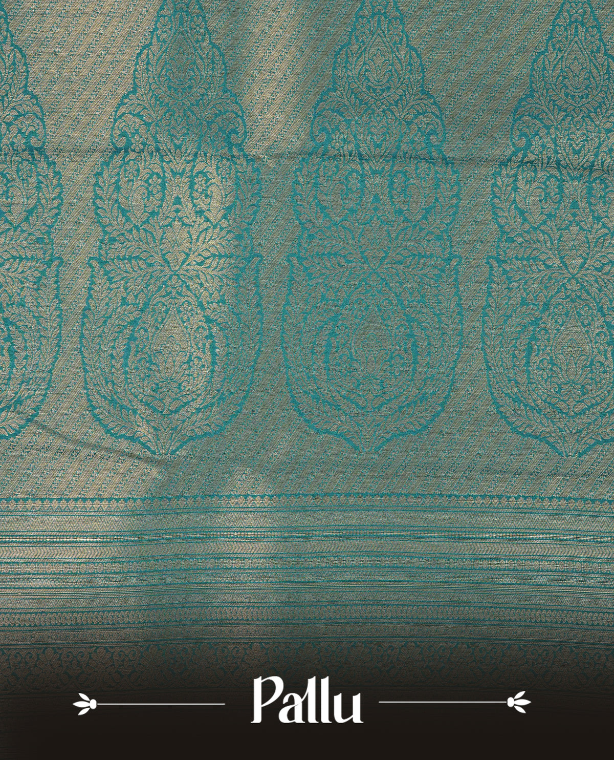 Cream colour semi wedding silk saree featuring gold zari checks with motifs on body,contrast teal green colour with traditional border on body, rich pallu comes with matching blouse piece