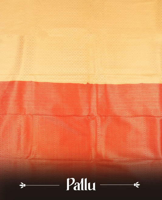 Cream colour semi silk brocade saree featuring intricate Gold Floral in square kodi patterns across the body, complemented by a contrast Red colour woven border and pallu, paired with a matching blouse.
