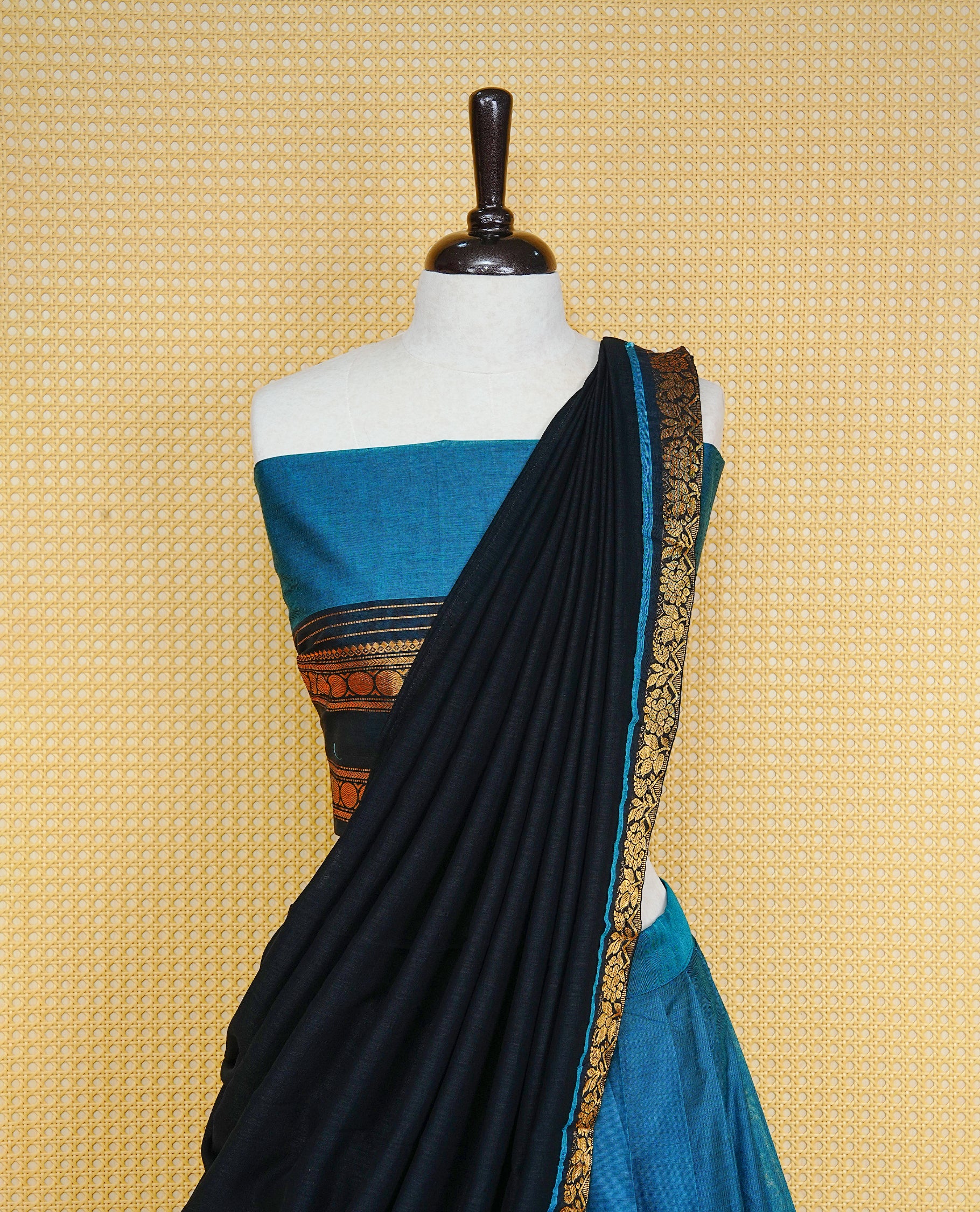 Teal colour Semi Stitched Dhavni set Featuring Teal Skirt With Contrast Black colour with Zari border, paired with UnStitched Blouse & Elegant Dupatta.