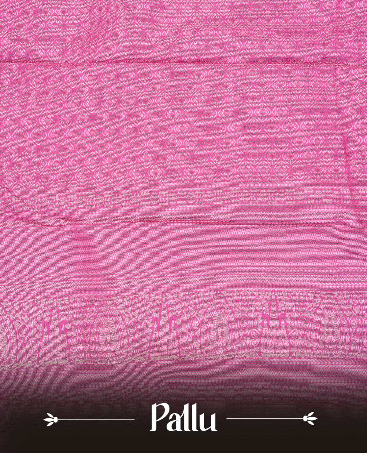 Silver grey colour semi wedding silk saree featuring silver zari checks with motifs on body,contrast magenta pink colour with peacock traditional border on body, rich pallu comes with matching blouse piece