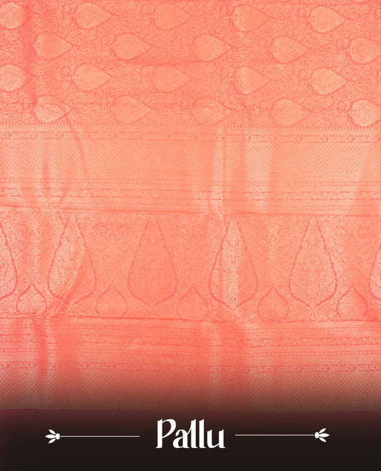 Pink colour semi silk brocade saree featuring intricate Gold Floral kodi patterns across the body, complemented by a self colour woven border and pallu, paired with a matching blouse.